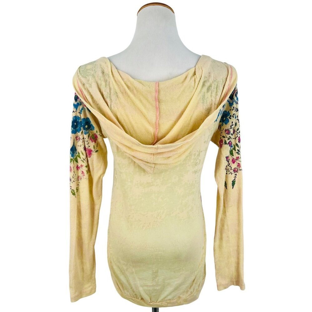Vintage Free People Floral Boho Pullover Burnout Henley Hoodie Long Sleeve Top - Picture 7 of 16